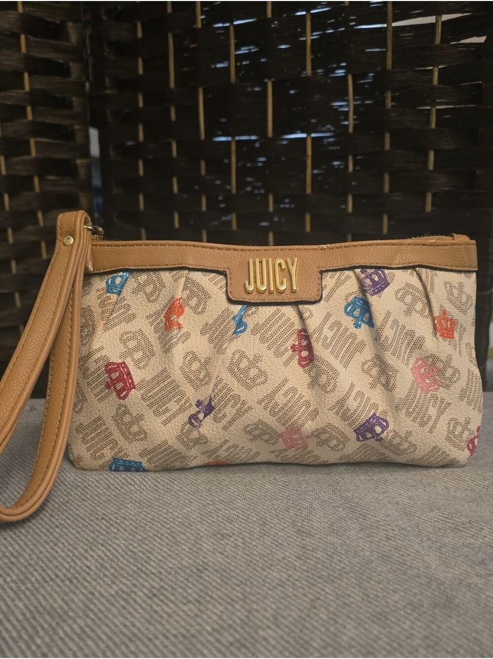 Juicy Couture Tan Wristlet with Multicolor Crown Print